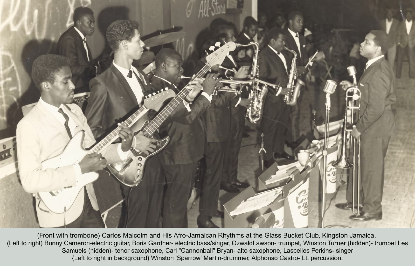 Afro-Jamaican Rhythms full band lineup at the Glass Bucket Club