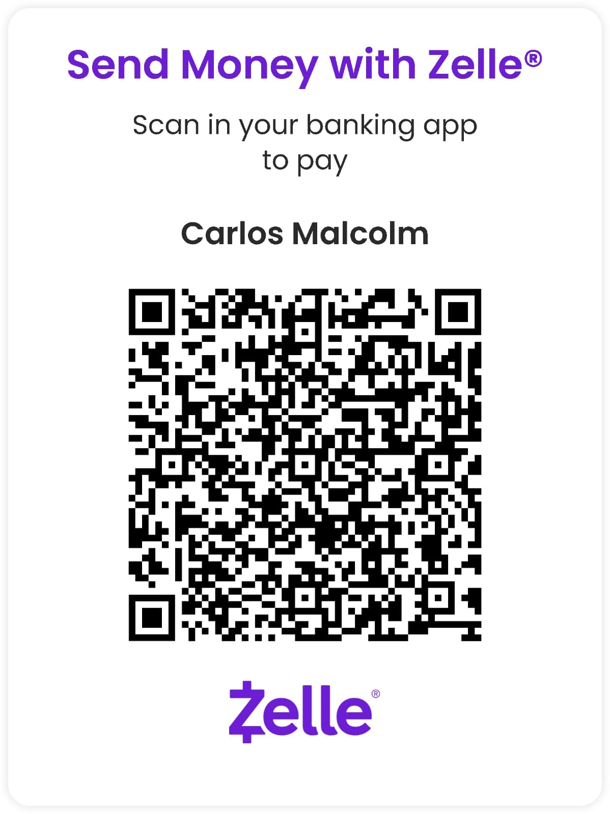 Zelle QR code — send donations to Carlos Malcolm